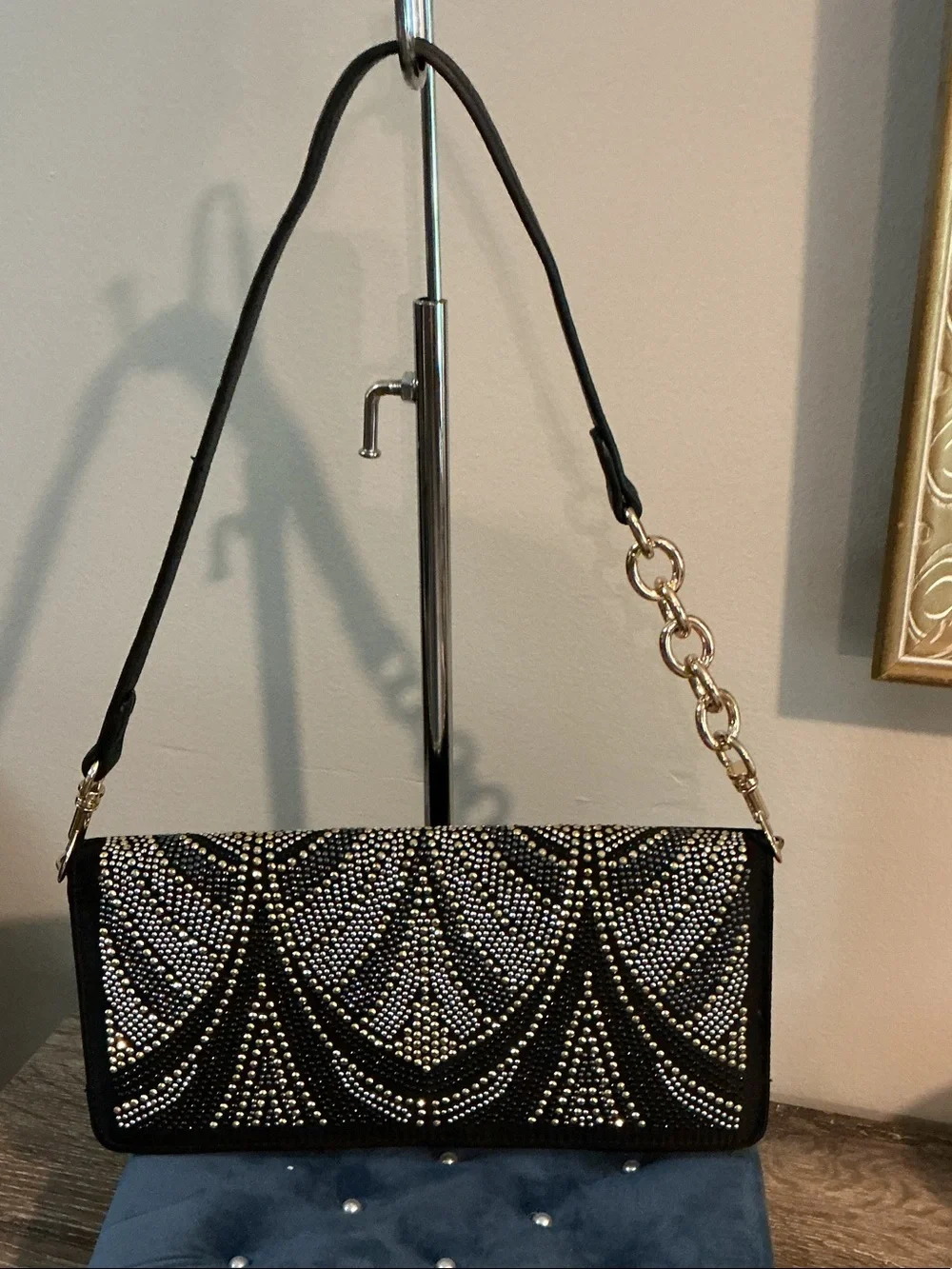 White House Black Market Black Silver Gold Beaded Clutch Shoulder Bag EUC - Picture 1 of 6